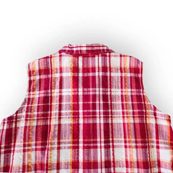 Y2K St Johns Bay Red Orange White Plaid Sleeveless Button Down Top Cotton 2X - Picture 6 of 8